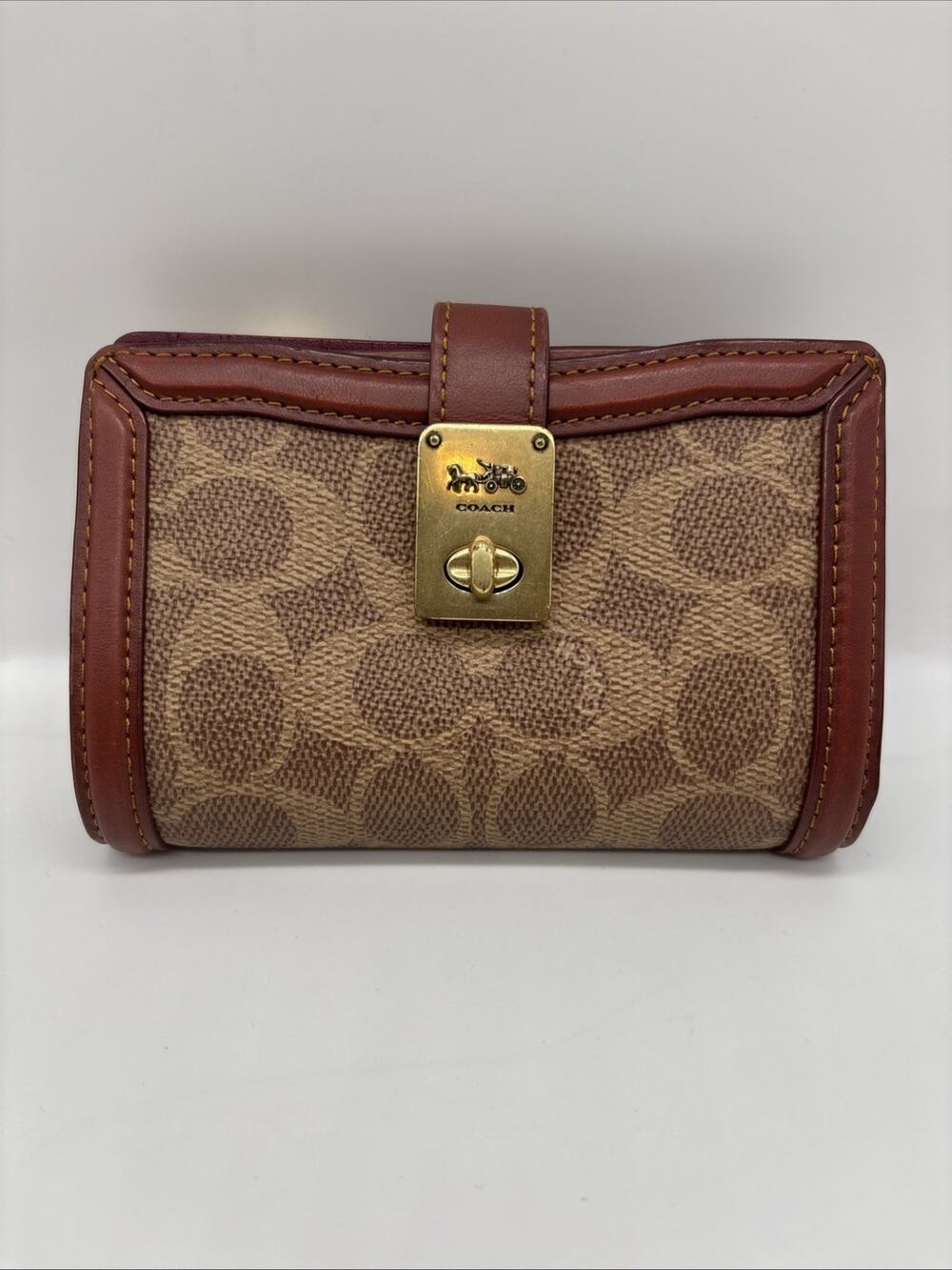 Coach Hutton Wallet in Signature Canvas Tan Rust Turnlock Medium Bi-Fold 5287
